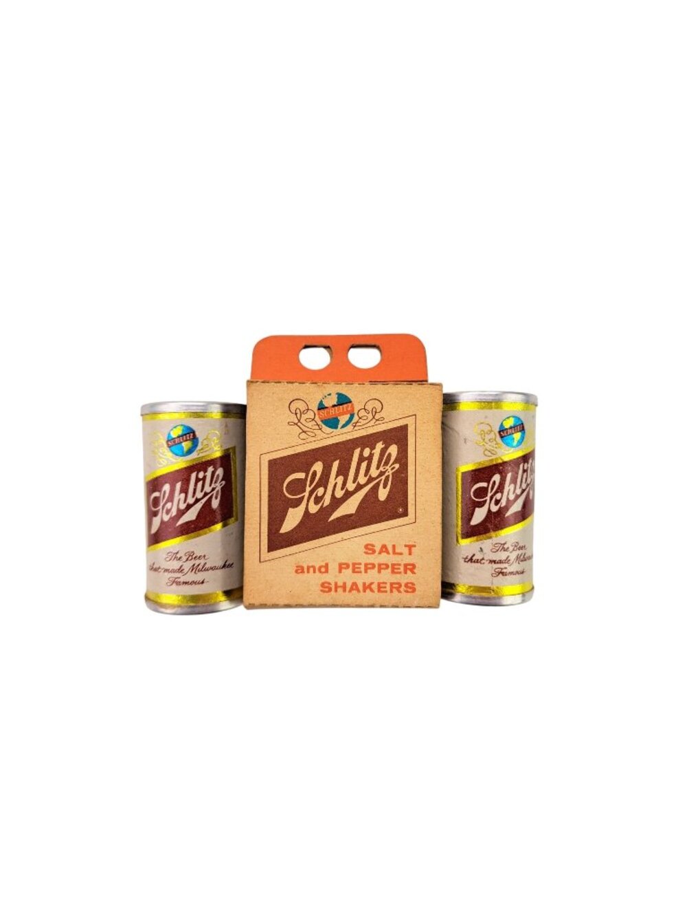 Vintage Schlitz Beer Can Salt & Pepper Shakers Original Sleeve 1961 Breweriana